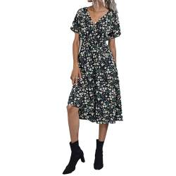 fdsmall Damen V Wrap Kleid Kurzarm V Neck Wrap Sommerkleid Midi Casual Floral Sundress A Line Kleid Strandkleid für Frauen Mädchen (DE/NL/SE/PL, Alphanumerisch, L, Regular, Regular, Black) von fdsmall