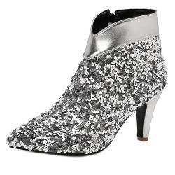 fepfndb Silber,37 EU,8 cm glänzende Stiefeletten seitliche Reißverschlussschuhe Damen Schnürstiefeletten hohe Stilettoabsätze Spitze Zehenpartie Mode Kurze Stiefel von fepfndb