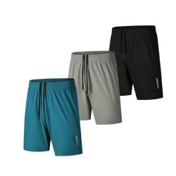 fovdtaa 3er-Pack Herren-Sport-Shorts, schnelltrocknende Shorts, Fitnessstudio, Laufen, Workout, Activewear für Herren, Laufshorts, #121 - Schwarz, Grau, Blau, L von fovdtaa