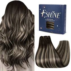 Fshine Echthaarwebart 45CM 100g Haarverlängerungen zum Einnähen Balayage Dunkelbraune Highlights Platinblonde Extensions Echthaar Tressen Extensions Echthaar Tressen #2/60/2 von fshine