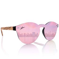 glozzi Sonnenbrille Damen Holz Verspiegelt Polarisiert und Entspiegelt UV400 Pink Rund mit Holzbügeln aus Ebenholz und Brillenetui aus Kork von glozzi