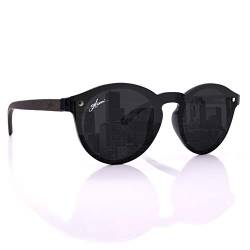 glozzi Sonnenbrille Damen und Herren Holz Polarisiert und Entspiegelt UV400 Schwarz Rund mit Holzbügeln aus Ebenholz und Brillenetui aus Kork von glozzi