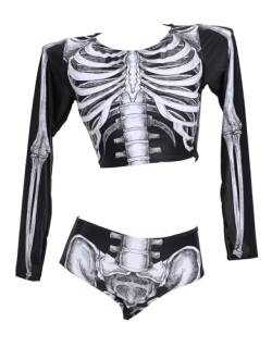 haikyuu Zweiteiliger Damen-Badeanzug, Skelett, Rashguard-Shirt mit Unterteil, Gothic-Totenkopf-Bikini-Set, Schwarz, S von haikyuu