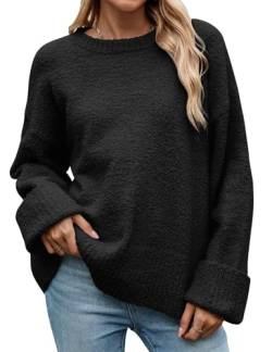 heekpek Damen Pullover Winter Oversize Warme Rundhalsausschnitt Strickpullover Weicher Winterpullover Plüsch Lockerer Lässige Pullover Damen Herbst, Schwarz, L von heekpek