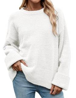 heekpek Damen Pullover Winter Oversize Warme Rundhalsausschnitt Strickpullover Weicher Winterpullover Plüsch Lockerer Lässige Pullover Damen Herbst, Weiß, L von heekpek