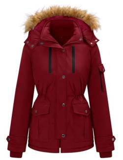 heekpek Damen Wintermantel Lang Warm Wasserdicht Winterjacke Gefüttert Damenmantel Winterparka Fleecemantel mit 5 Taschen, Burgund, M von heekpek