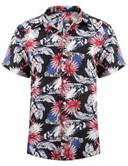 heekpek Hawaii Hemd Männer Sommer Hawaii Hemd Kurzarm Strand Freizeithemden Resort Shirt mit Palmen Blumen Hawaii-Print, Schwarz mit rote blätter, M von heekpek