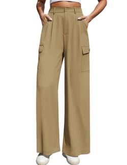 heekpek Hosen Damen Lockere Business Hose Weites Bein Freizeithose Hohe Taille Y2K Casual Stoffhose Damenhosen mit Gummibund und Tasche, Khaki, M von heekpek