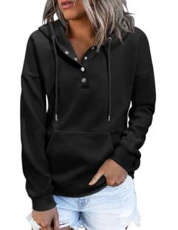 heekpek Kapuzenpullover Damen Hoodie Herbst Winter Warme Sweatshirt Langarm V Ausschnitt Knopfleiste Casual Kapuzenpulli Fleece Pullover für Damen, Schwarz, L von heekpek