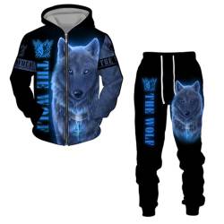 hiegi 3D wolf Reißverschluss Jogginganzug Herren Jogging Sportanzug Fitness Sporthose Hose Hoodie Herren Trainingsanzug Zweiteiliges Set Freizeitanzug mit Sportsw (F8,4XL) von hiegi