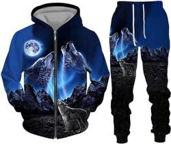 hiegi Wolf Jogginganzug Sportanzug Herren Kapuzenpullover Set 3D Wolf Kapuzenpullover + Jogginghose Männer Sweatshirt Hose (F-Wolf 1,S) von hiegi