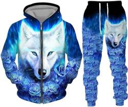 hiegi Wolf Jogginganzug Sportanzug Herren Kapuzenpullover Set 3D Wolf Kapuzenpullover + Jogginghose Männer Sweatshirt Hose (F-Wolf 2,M) von hiegi