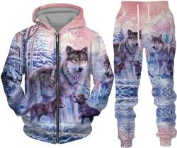 hiegi Wolf Jogginganzug Sportanzug Herren Kapuzenpullover Set 3D Wolf Kapuzenpullover + Jogginghose Männer Sweatshirt Hose (F-Wolf 4,L) von hiegi