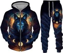 hiegi Wolf Jogginganzug Sportanzug Herren Kapuzenpullover Set 3D Wolf Kapuzenpullover + Jogginghose Männer Sweatshirt Hose (F-Wolf 6,L) von hiegi