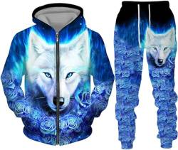 hiegi christmas Wolf Jogginganzug Sportanzug Herren Kapuzenpullover Set 3D Wolf Kapuzenpullover + Jogginghose Männer Sweatshirt Hose (F Wolf-2,S) von hiegi