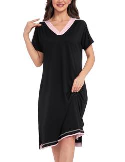 iClosam Nachthemd Damen Lange Nachthemden Kurzarm Nachtkleid Bequeme Nachtwäsche V-Ausschnitt Kontrastfarbe Schlafshirt Sleepshirt Weiche Sleepwear mit Taschen S-XXL von iClosam