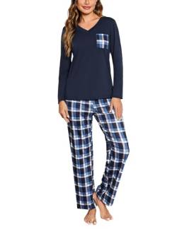 iClosam Pyjama Damen Lang Schlafanzug Set Winter Baumwolle V-Ausschnitt Zweiteiliger Pyjamas Langarm Sleepwear und Karierte Pyjamahose Hausanzug Freizeitanzug von iClosam