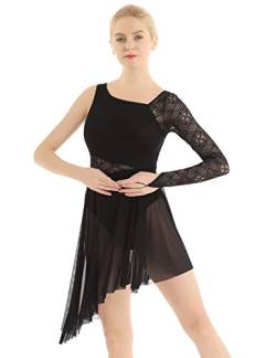 iEFiEL Damen Ballettkleid Ballettanzug mit Asymmetrisch Rock Swing Kleid Spitzen Ballett Trikot Lyrischer Tanzkleid Schwarz M von iEFiEL