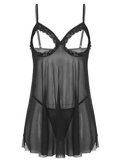 iEFiEL Damen Babydoll Brusftrei Lingerie Mesh Nachtkleid Nachtwäsche Dessous Set Sleepwear Dress Reizwäsche Negligee mit G-String Schwarz M von iEFiEL