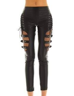 iEFiEL Damen Wetlook Leggings Kunstleder Stretch Netz Verstellbar Pants Motorrad Lang Hose mit Schnürung Gogo Party Clubwear Schwarz X-Large von iEFiEL