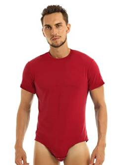 iEFiEL Herren Overall Kurzarm Bodysuit mit Druckknöpfe im Schritt Baumwolle Männer Sportbody Rundhals Tops T-shirt M-XXL Rot 4XL von iEFiEL