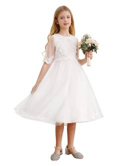 iEFiEL Mädchen Festlich Kleid Kommunionkleid Spitze Hochzeit Brautjungfern Kleid Prinzessin Kleid Elegant Partykleid Weiß 164 von iEFiEL