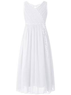 iEFiEL Mädchen Kleid Festlich Lang Kinder Kleidung Hochzeit mit Perlen Schleife Blumenmädchenkleid Prinzessin Kleid Chiffonkleid Weiß 110-116 von iEFiEL