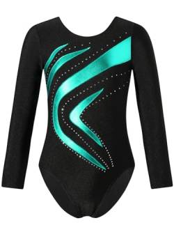 iEFiEL Mädchen Metallic Turnanzug Langarm Gymnastikanzug Tanzbody Leotard mit Strass Glänzende Ballett Trikot Turnkleidung Tanzkostüm Xc Blau Grün 122-128 von iEFiEL