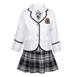 iEFiEL Mädchen Schulmädchen Kostüm mit Hemd Rock Blazer und Krawatte Schuluniform Outfits Karneval Faschingskostüme Cosplay Party Verkleidung Weiß 128-140 von iEFiEL