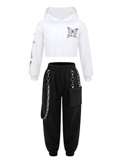 iEFiEL Mädchen Trainingsanzug Langarm Kapuzenpullover Lang Hosen Jogginganzug Sport Outfits Hip-Pop Tanzkleidung Set Weiß 134-140 von iEFiEL