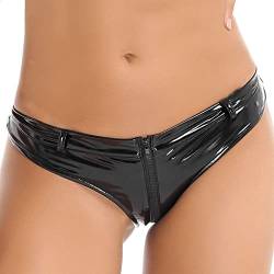 iEFiEL Wetlook Damen Hotpants Ouvert-Slip mit Spitze Rüsche Lackleder Strings Bikinislip Erotik Dessous Unterwäsche Shorts W Schwarz L von iEFiEL