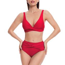 iSLASISIA Badeanzug für Damen, Twist-Front, hoch tailliertes Bikini-Set, Zweiteiliger Badeanzug（Leuchtendes Rot,EU40） von iSLASISIA