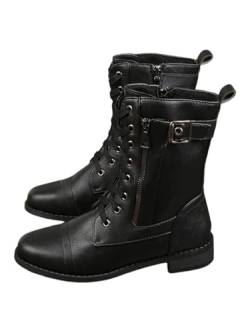 iSpchen Damen Cowboystiefel Stiefeletten Militärstiefel für Damen mit runder Spitze und Schnürung Einfaches An- Und Ausziehen für Jeans, Shorts, Röcken, Jeans, Windjacken usw,Schwarz #43 von iSpchen