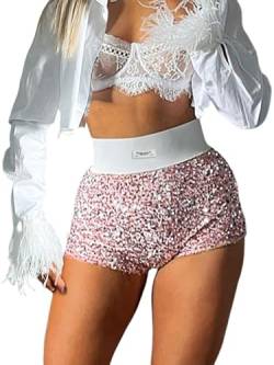 iSpchen Damen Shorts hoch tailliert Pailletten Hotpants Strandshorts Dehnbare schmale Passform Kurze Hose,Rosa,M von iSpchen