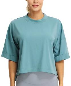 icyzone Damen Sport T-Shirt Locker Gym Yoga Crop Top Baumwolle Fitness Casual Oberteile Kurzarm Shirt (Cendre Blue, XL) von icyzone
