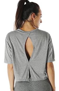 icyzone Sport T-Shirt Damen Fitness Kurzarm Shirt Rückenfrei Yoga Crop Top Oberteile Loose Fit (L, Grey) von icyzone