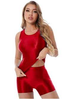 iiniim Damen Nylon Dessous Set Glossy Tank Tops Unterhemd Weste mit Shorts Hotpants Lingerie Reizwäsche Aa Rot M von iiniim