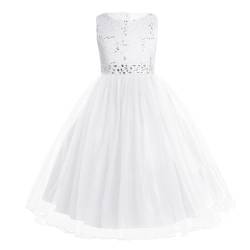 iiniim Kinder Mädchen Kleid Festlich Kleid Tüll Prinzessin Kleid Blumenmädchenkleid Hochzeit Langes Abendkleid Partykleid Kommunionskleid Gr.98-176 Weiß 170-176 von iiniim