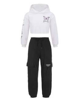 iiniim Mädchen Sport Set Jogginganzug Schmetterling Druck Sweatshirt + Cargohose Street Dance Hip Hop Kleidung Set Streetwear Ac Weiß&Schwarz 134-140 von iiniim