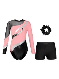 iiniim Mädchen Turnanzug Langarm Gymnastikanzug mit Shorts Haarband Glitzer Gymnastik Leotard Langarm Ballettanzug Wettbewerb Tanzkostüm Rosa Schwarz 134-140 von iiniim