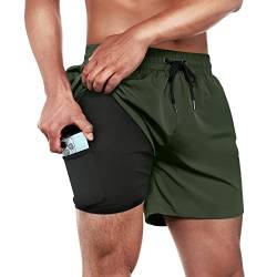 ineepor Badehose Herren mit Kompression Badehose mit innenhose Board Shorts 2 in 1 Reißverschlusstasche kurz Badehose,Armeegrün,4XL von ineepor