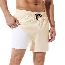 ineepor Badehose Herren mit Kompression Badehose mit innenhose Board Shorts 2 in 1 Reißverschlusstasche kurz Badehose,Creme,S von ineepor