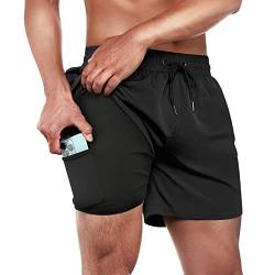 ineepor Badehose Herren mit Kompression Badehose mit innenhose Board Shorts 2 in 1 Reißverschlusstasche kurz Badehose,Schwarz,XXS von ineepor