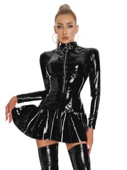 inhzoy Damen Glänzende Lackleder Kleid Langarm Wetlook Minikleid Lack Skaterkleid Mit Vorne Reißverschluss Sexy Partykleider Nachtclub Outfit Schwarz M von inhzoy