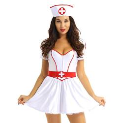 inhzoy Frauen Krankenschwester Cosplay Uniform Sexy Nurse Kostüm Minikleid mit Gürtel und Stirnband Babydolls Lingerie Nachtkleid Weiß XXL von inhzoy