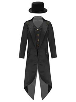 inhzoy Kinder Jungen Vintage Steampunk Frack Jacke Gothic Mittelalterlicher Gehrock Anzug Mantel Und Hut Gericht Uniform Schwarz 146-152 von inhzoy