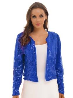 inlzdz Damen Glitzer Blazer Pailletten Bolero Jacke Festlich Retro Jacke Langarm Jäckchen Top für Disco Party Karneval Fasching Clubwear Royal Blau B S von inlzdz