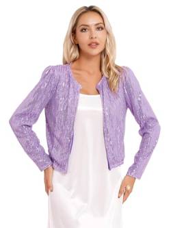 inlzdz Damen Glitzer Blazer Pailletten Bolero Jacke Festlich Retro Jacke Langarm Jäckchen Top für Disco Party Karneval Fasching Clubwear Violett B XXL von inlzdz