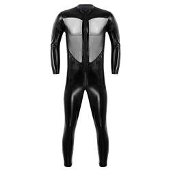 inlzdz Herren Wetlook Body Langarm Bodysuit Reißverschluss Kunstleder Overalls Männer Einteiler Ganzkörperanzug Catsuit Dessous Unterwäsche Clubwear Schwarz Large von inlzdz