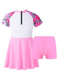 inlzdz Kinder Mädchen Badeanzug Muslim Islamischen Full Cover Bademode Kurzarm Top + Shorts + Badekappe UV-Schutz Burkini Schwimmanzug Type B Floral Rosa 110-116 von inlzdz